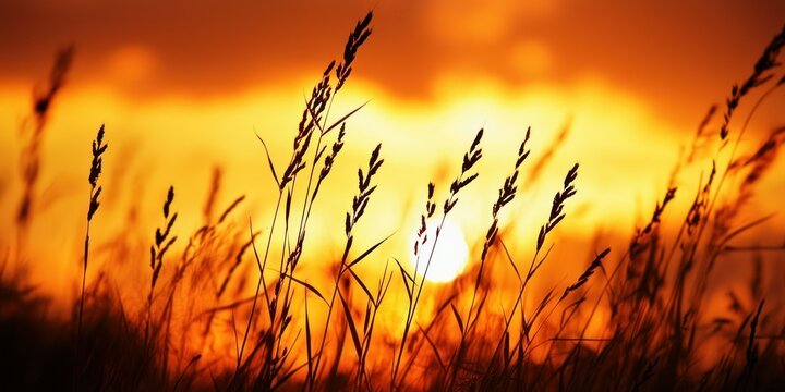 A silhouette of wild grasses against a glowing golden sky, evoking a peaceful and nostalgic feeling