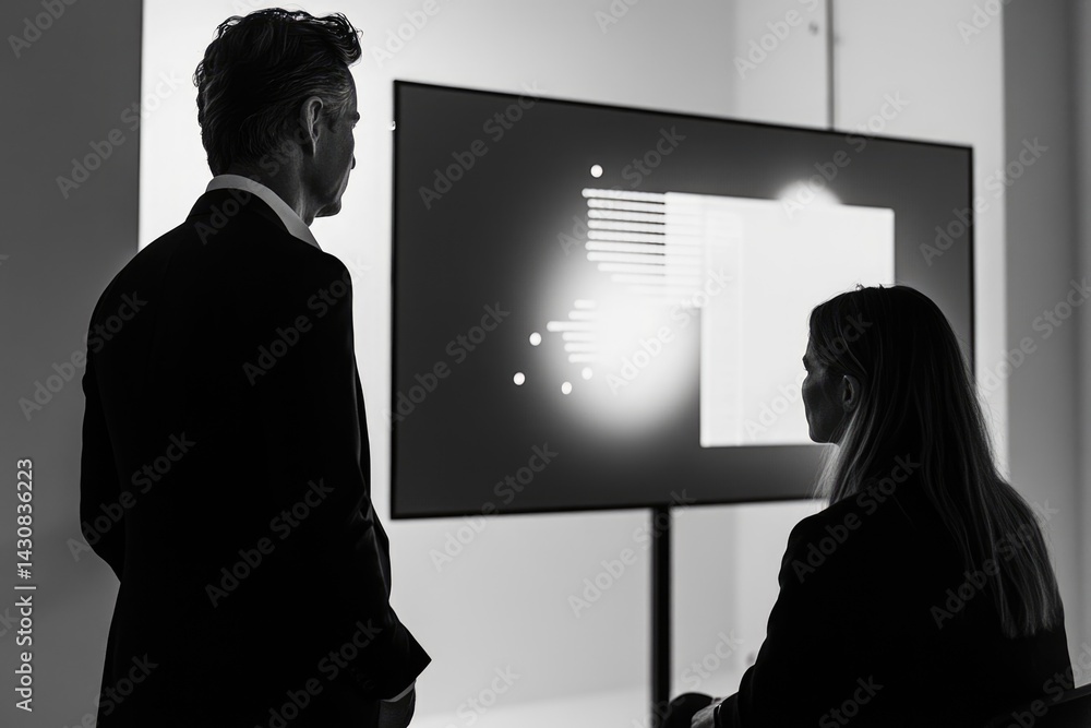 Poster two business professionals review data displayed on a large screen, analyzing information for strate