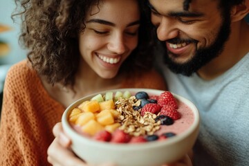 A happy couple shares a delicious and healthy fruit smoothie bowl, a moment of togetherness and enjoyment.