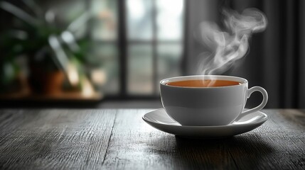 Obraz premium Steaming Cup Of Tea On A Wooden Table With Blurred Background And Soft Lighting