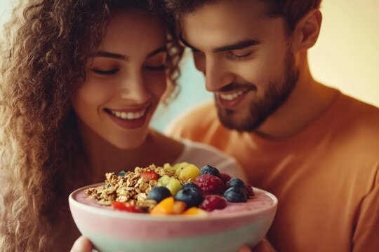 Happy couple sharing a delicious and healthy smoothie bowl filled with fresh fruits and granola. - Powered by Adobe