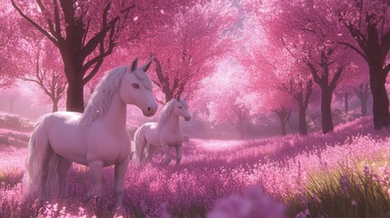 Two White Unicorns in a Pink Cherry Blossom Forest