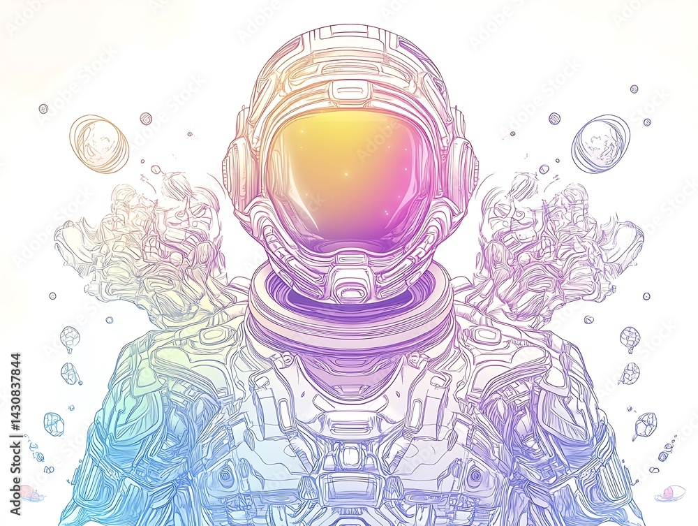 Aufkleber astronaut portrait with colorful gradient and abstract cosmic elements on white background