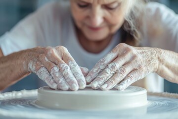 Elderly woman's hands skillfully shaping clay on a pottery wheel, a testament to artistry and experience.