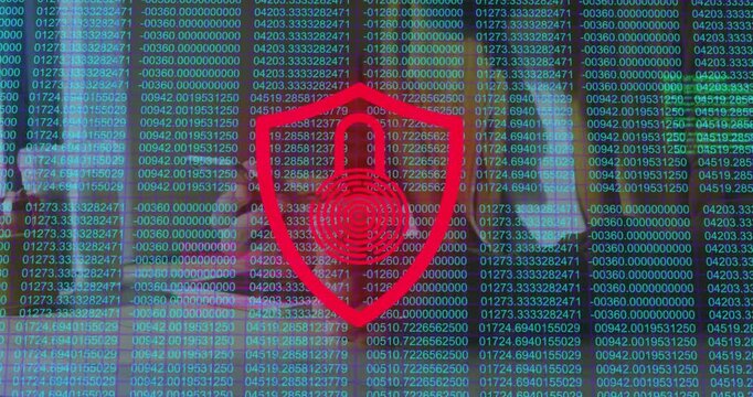Shield showing fingerprint-motif fading green to red pulsing over code background in 3D render