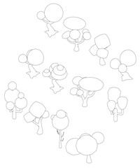 A drawing of low poly contour trees. The trees are drawn in different sizes and positions, and the balloons are scattered throughout the drawing. Scene is playful and whimsical