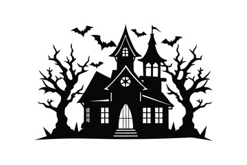 Silouette art illustration of a haunted house with bats flying.eps