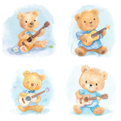 Adorable Teddy Bear Guitarist Illustration Pack

