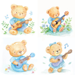 Hand-Painted Teddy Bear Playing Guitar Clipart Set


