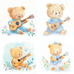 Watercolor Teddy Bear Musician Clipart Collection

