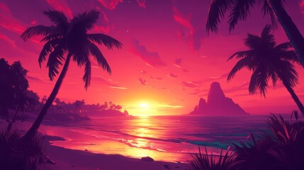 Fototapeta premium Vibrant Pink And Purple Sunset Over Tropical Beach