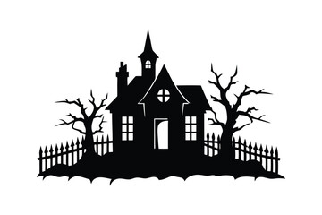 Silouette art illustration of an abandoned haunted house with broken fence.eps