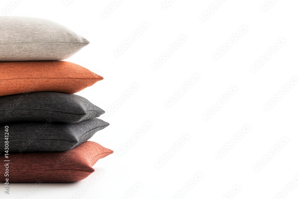 Poster stack of decorative pillows arranged in neutral tones, highlighting subtle textures, perfect for des
