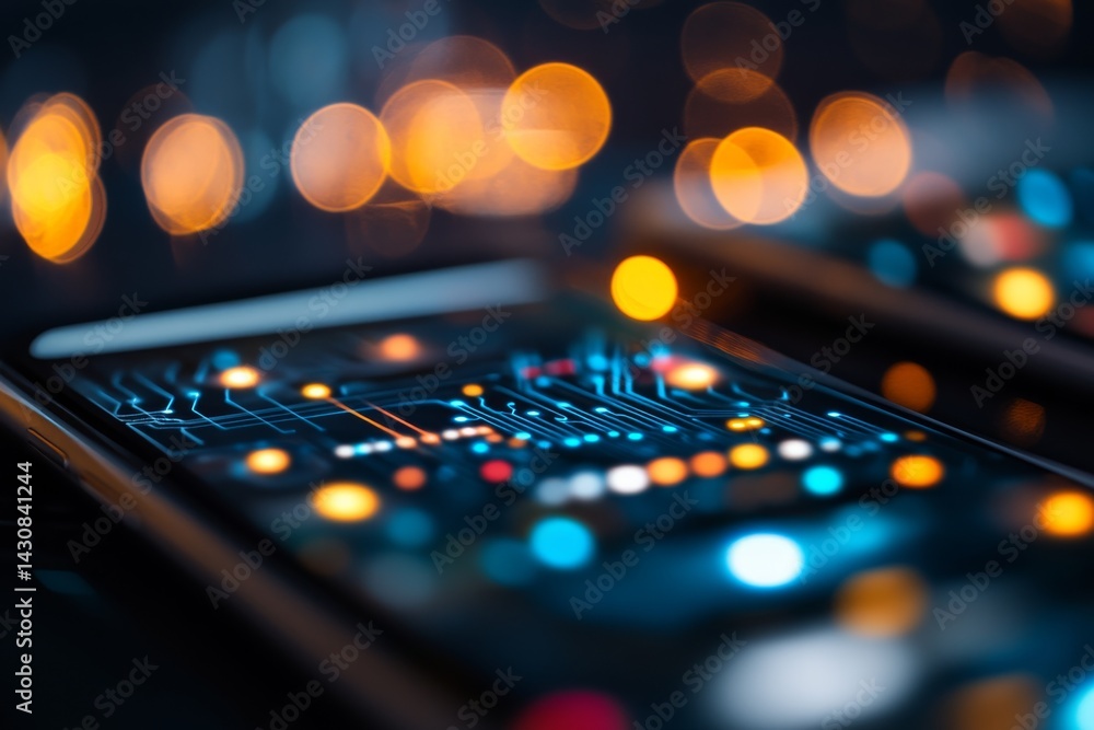Poster Smartphone with glowing neon blue circuits prominently displayed, set against a metallic backdrop featuring subtle grid patterns and available copy space