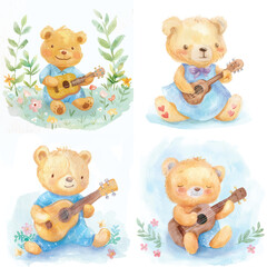 Cartoon Teddy Bear with Guitar Watercolor Clipart

