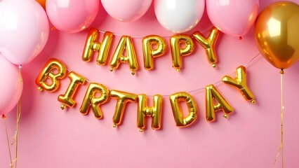 Happy Birthday inscription made of gold foil balloons on pink background