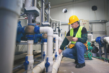 Senior maintenance engineer checking the system in the boiler room