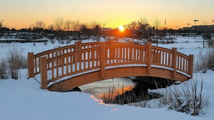 Sunrise Glow on SnowBlanketed Bridge