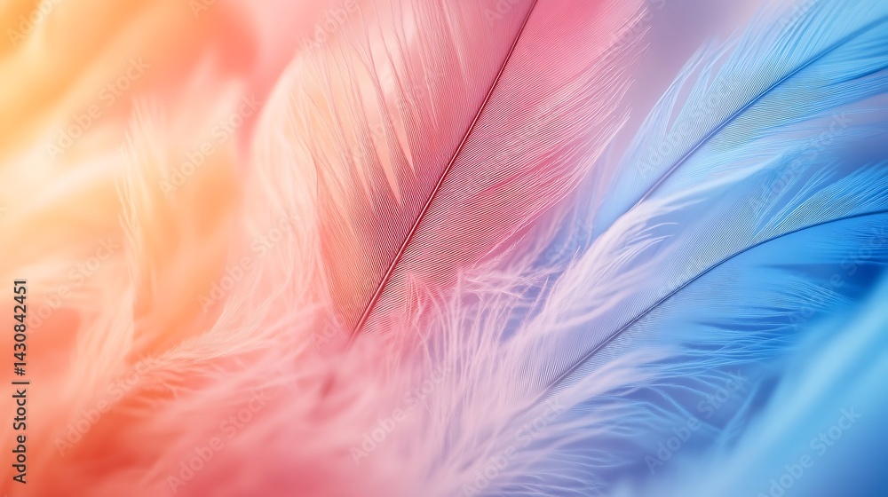 Poster vibrant gradient feather texture, colorful feathers in soft focus with a vibrant gradient background