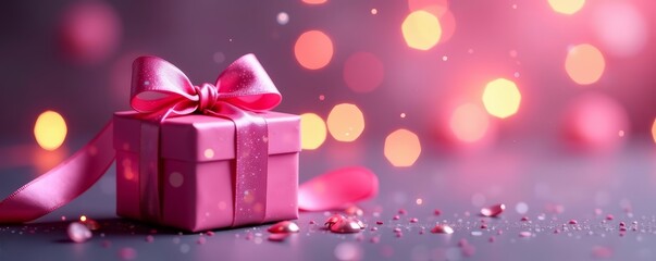 Shiny pink gift ribbon bow on a blurred festive bokeh light background, festive, ribbon