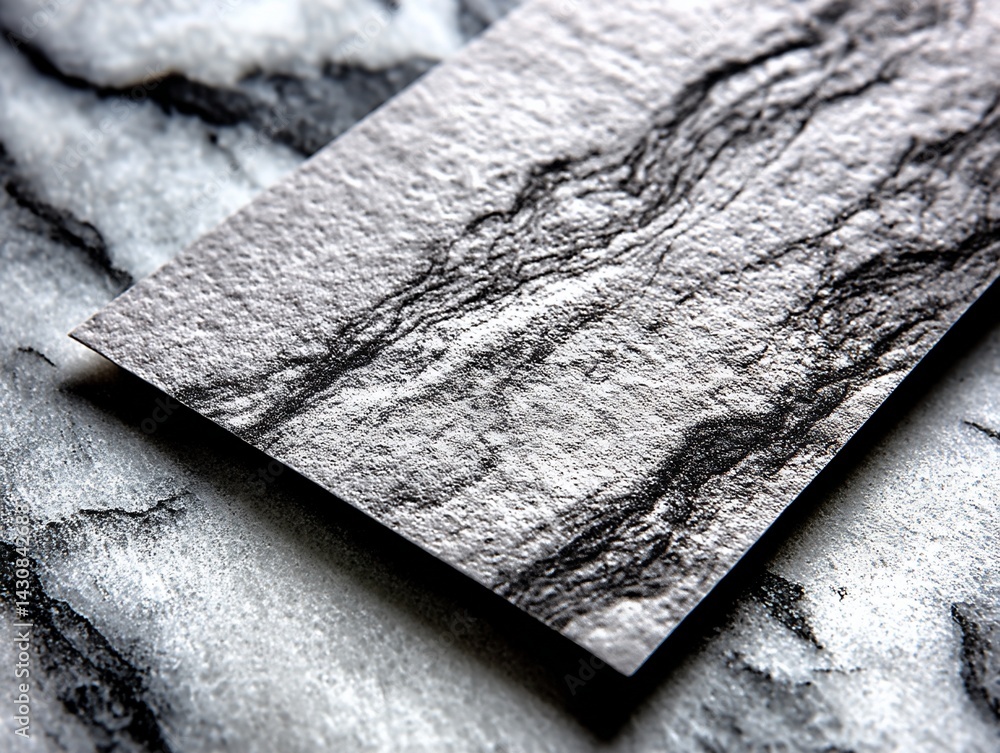 Poster close-up of a textured, gray rectangular sample with a stone-like pattern, angled against a similar 