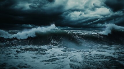 Obraz premium Ocean Storm: Powerful Waves Crashing Under Dark Clouds