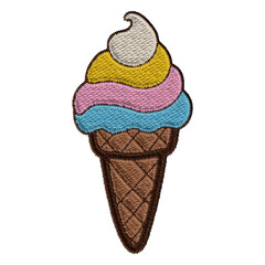 Cute rainbow ice cream clipart with embroidered texture. A playful, colorful summer dessert element for beach, holiday, and kids’ designs