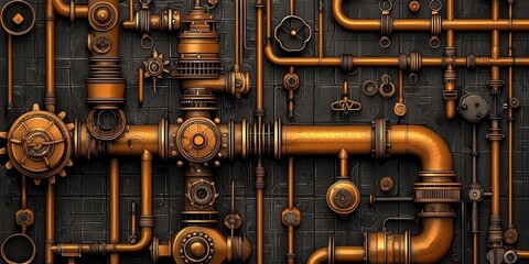 Unique pattern of pipes and valve connections in a steampunk style.