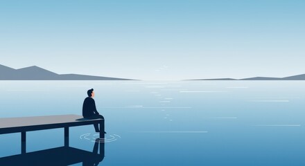 Fototapeta premium Blue Mind Serenity - Man Contemplating Calm Lake from Dock Illustration