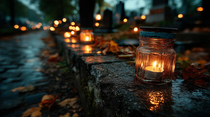 In Remembrance: Lit Candles Before a Memorial Stone