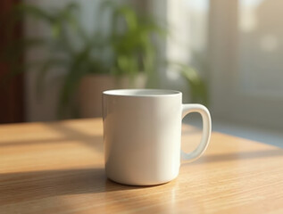 Fototapeta premium Blank Coffee Mug Mockup on Wooden Table in Morning Light