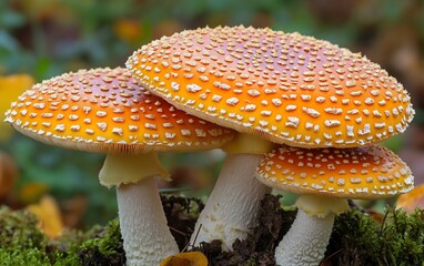 Trio of orange and white spotted mushrooms, nestled in nature, with green moss