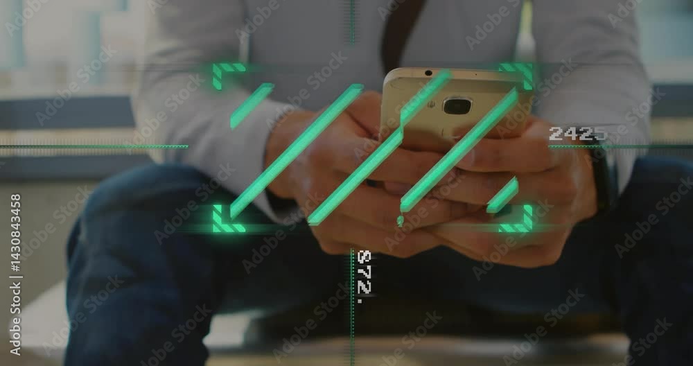 Poster adult man using smartphone in business lounge, with floating green interface bars and numeric data