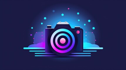 Obraz premium abstract background with a purple and blue gradient color, simple shapes, geometric patterns. The icon of an old camera is incorporated into the design as part of the logo for a photography website.