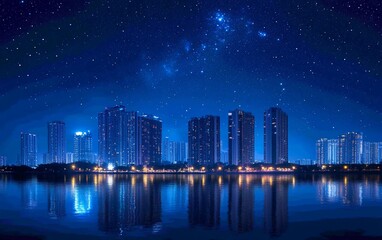 Fototapeta premium City skyline at night, illuminated buildings, reflected in water under a starry sky