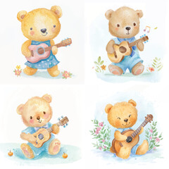 Cartoon Teddy Bear with Guitar Watercolor Clipart

