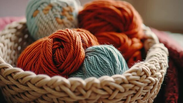 Colorful yarn in woven basket for craft and diy projects