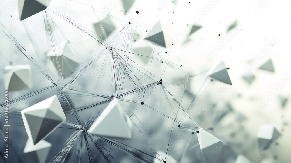 Poster 抽象的な白い幾何学的な形状が線で接続された背景に浮遊する未来的なデザイン