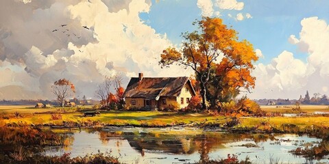 Serene Outdoor Painting of a Retro Farming Village
