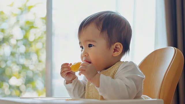 Asian baby eating in high chair at home ? concept for family, childhood, and parenting