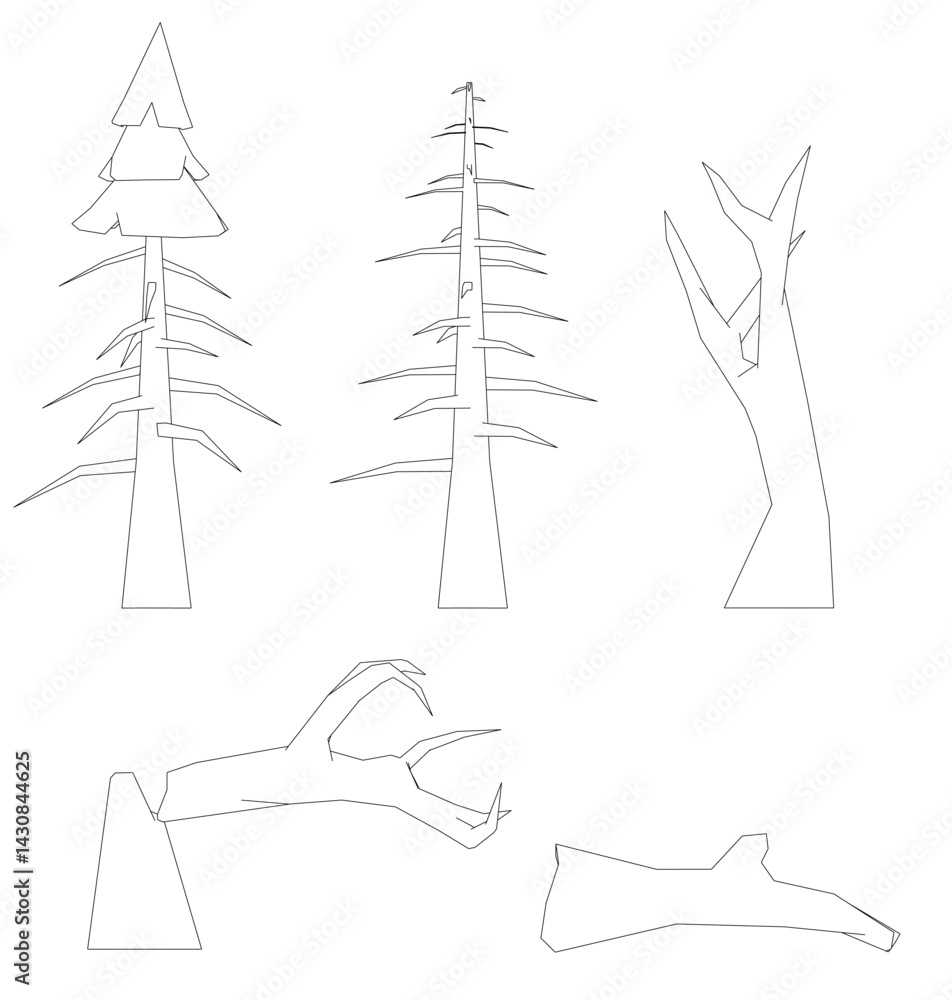 Poster a series of trees, including a tall pine tree, a small pine tree, and a tree with a broken branch. t