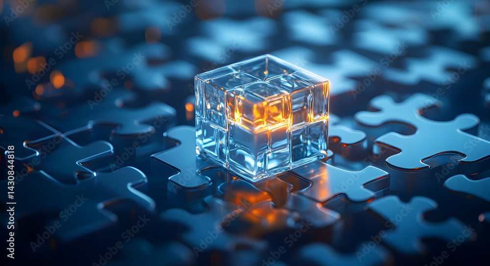 Poster puzzle of progress: a captivating image features a glowing crystal cube centerpiece nestled amidst a