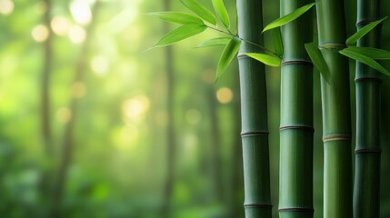 Lush bamboo stalks in a vibrant green forest.  Sunlight filters through the trees, highlighting the fresh, healthy foliage