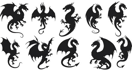 Fototapeta premium Silhouette dragons collection vector illustrations mythical creatures