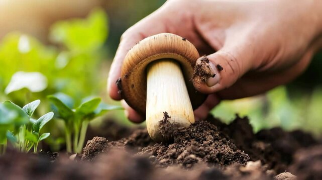 Plant growth concept and mushroom cultivation in garden setting