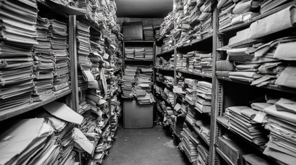 Obraz premium Symmetrical shelves in an archive room showing light and shadow between rows