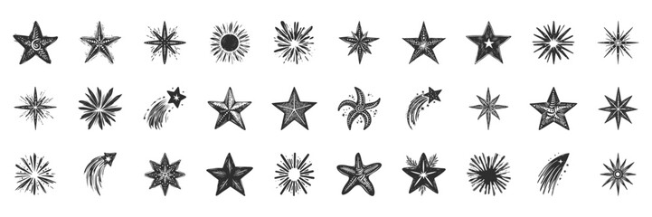 Obraz premium Star And Burst Design Silhouette Set. Celestial And Cosmic Elements For Decoration. Isolated Vector Illustration Collection