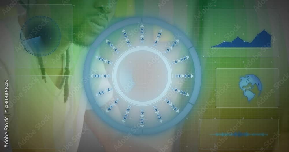 Aufkleber male data analyst navigating high-tech workspace, displaying circular gauge, line graph, code panel