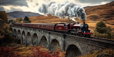 Nostalgic train adventure across a stunning bridge.