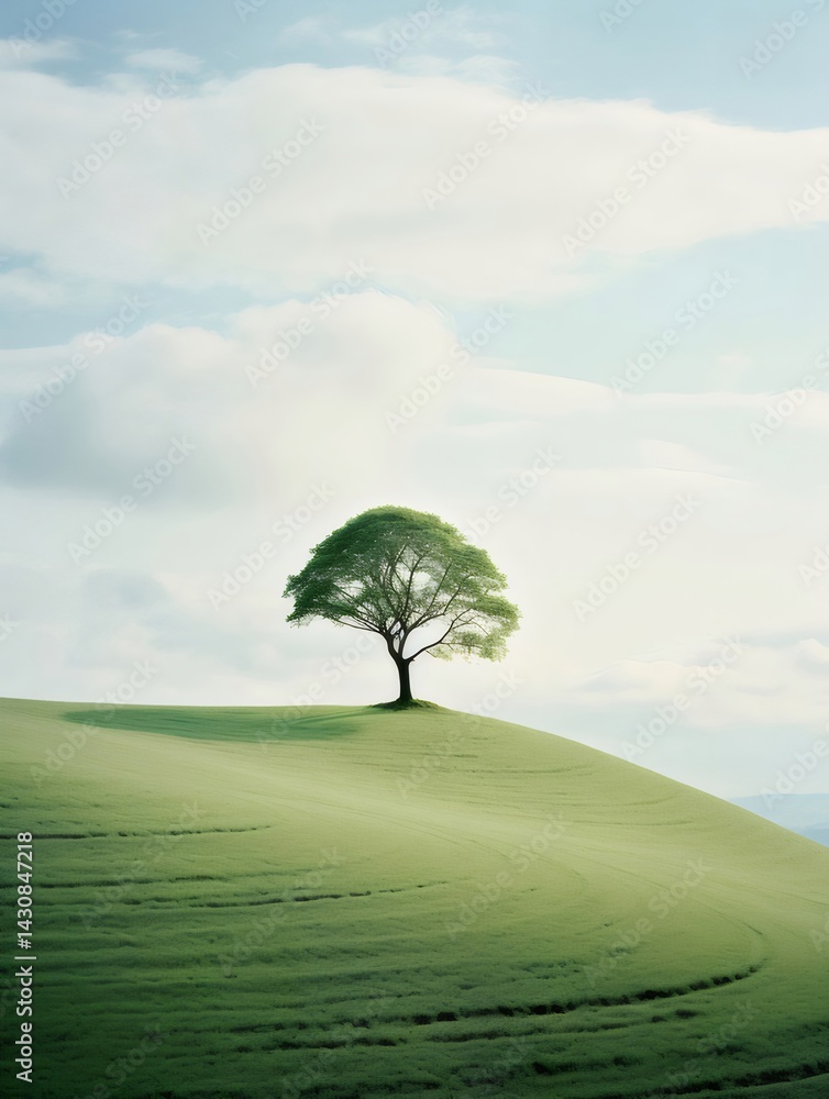 Poster 単独の木が丘の上に立つ 美しい緑豊かな風景 青空と白い雲を背景に 広々とした空間と静寂さ